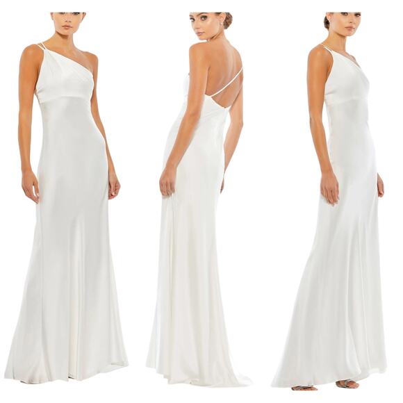 Mac Duggal NWT White One Shoulder Double Strap Satin Gown Size 2 Sleeveless - Picture 1 of 11